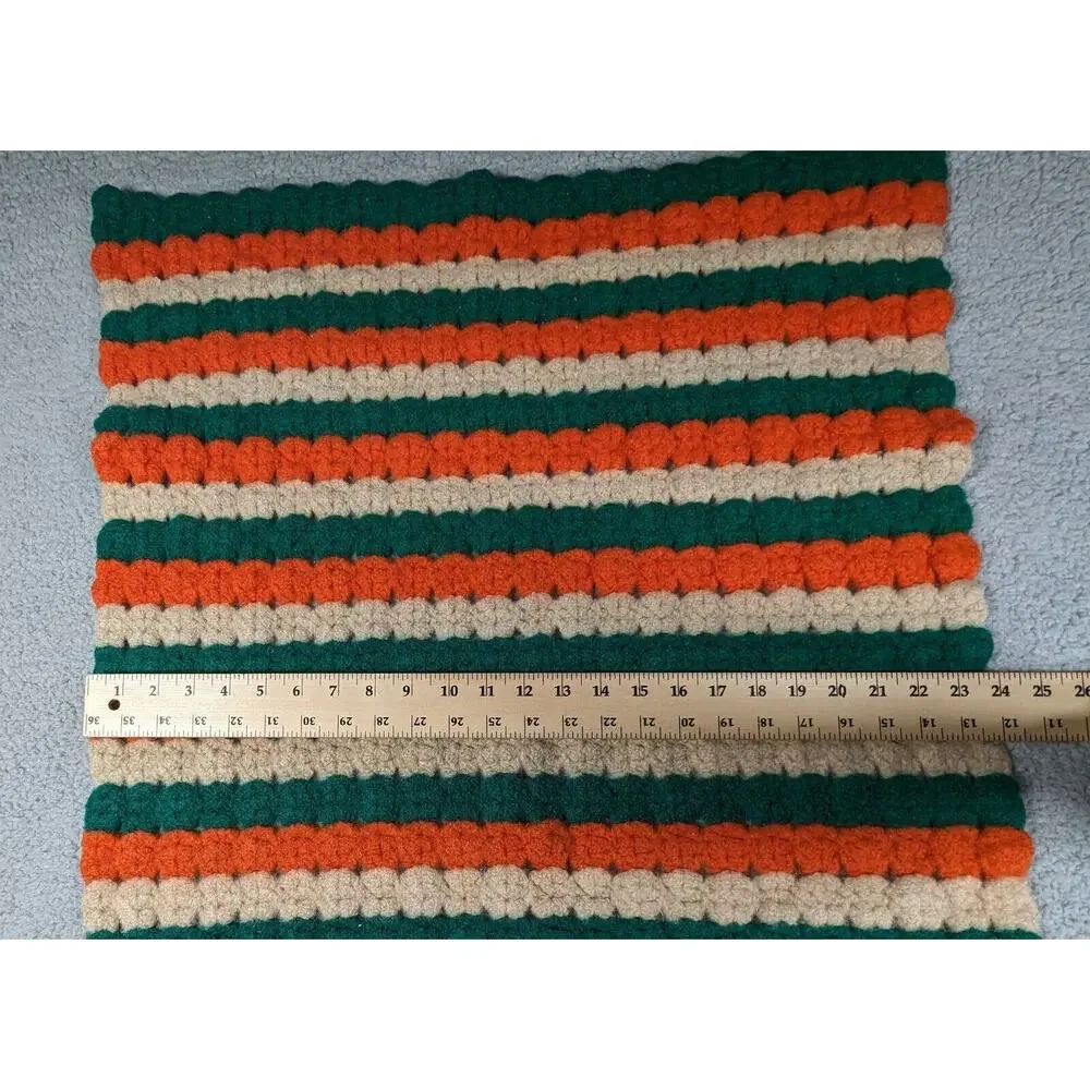 Handmade Crochet Afghan Throw Blanket Orange Tan Green Striped 24x32 Inch